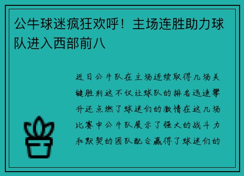 公牛球迷疯狂欢呼！主场连胜助力球队进入西部前八